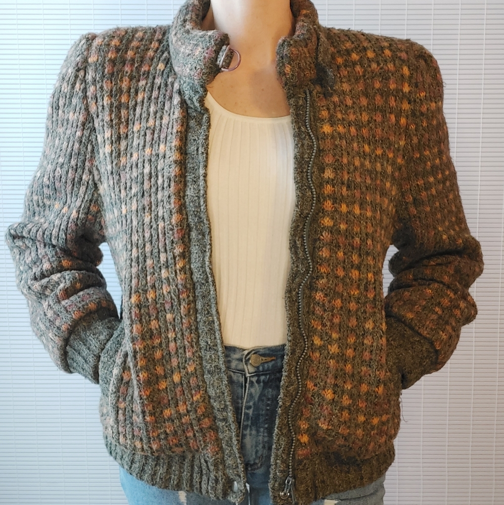 Vintage 80s Pink Gray Chunky Knit Fitted Bomber Jacket Sweater Coat Small